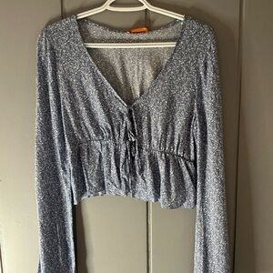 Blue Floral Tie-Front Long Sleeve Women's Top